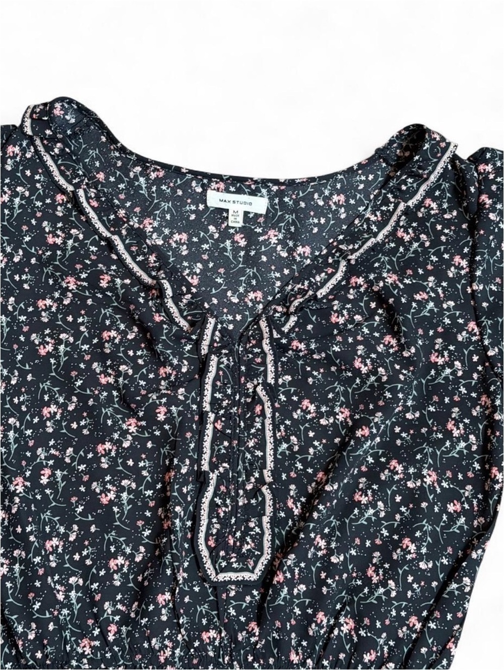 Max Studio Black Blouse with Pink Floral Tie Detail